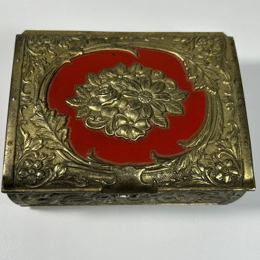 Vintage Metal Gold-tone Floral Detailed Lined Footed Trinket Jewelry Box.